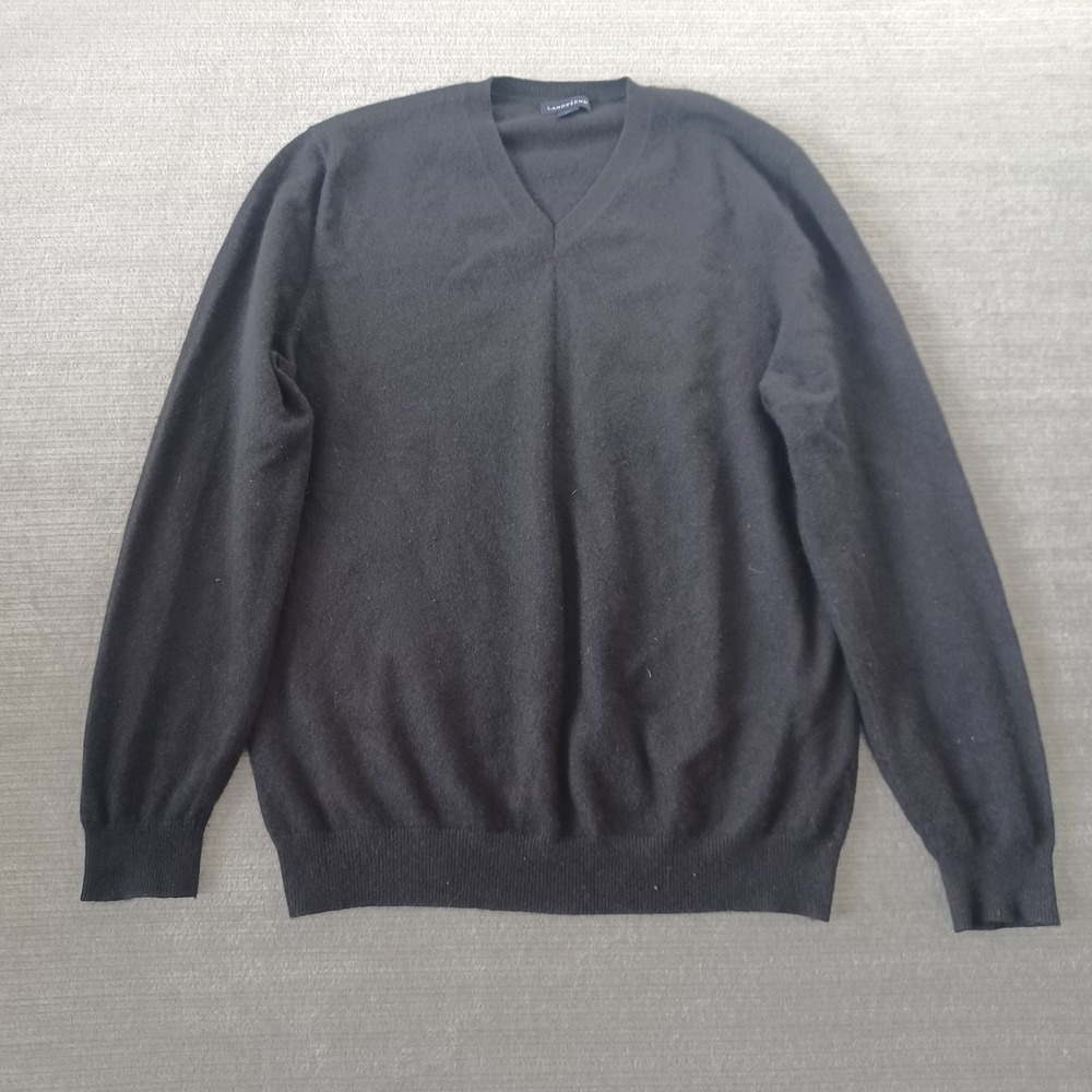 Lands End Mens Large Tall 42-44 Black 100% Cashmere V-Neck Sweater Pullover Cozy